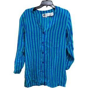 Classic Investment Clothing Blouse Women Size M Blue Green 100% Silk Button Up